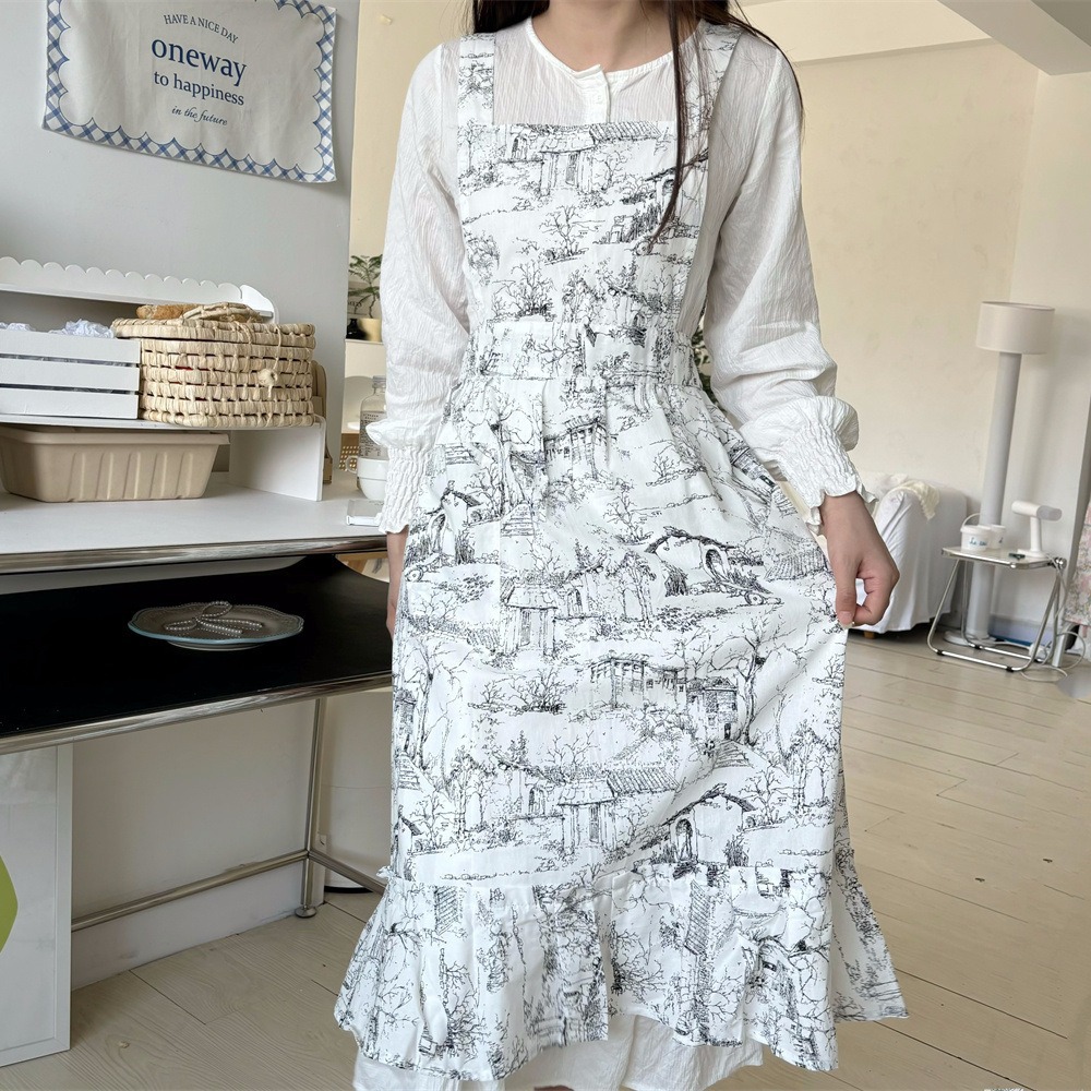 Gardening Tools For Women - Women Ruffles Apron Cotton Ink Painting